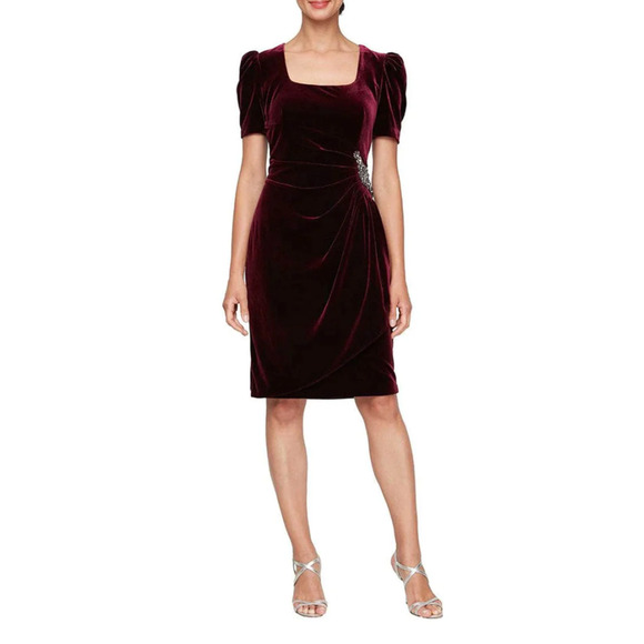 Alex Evenings Velvet Embellished Puff Sleeve Ruched Cocktail Dress | Sz 16 Wine - Picture 2 of 9